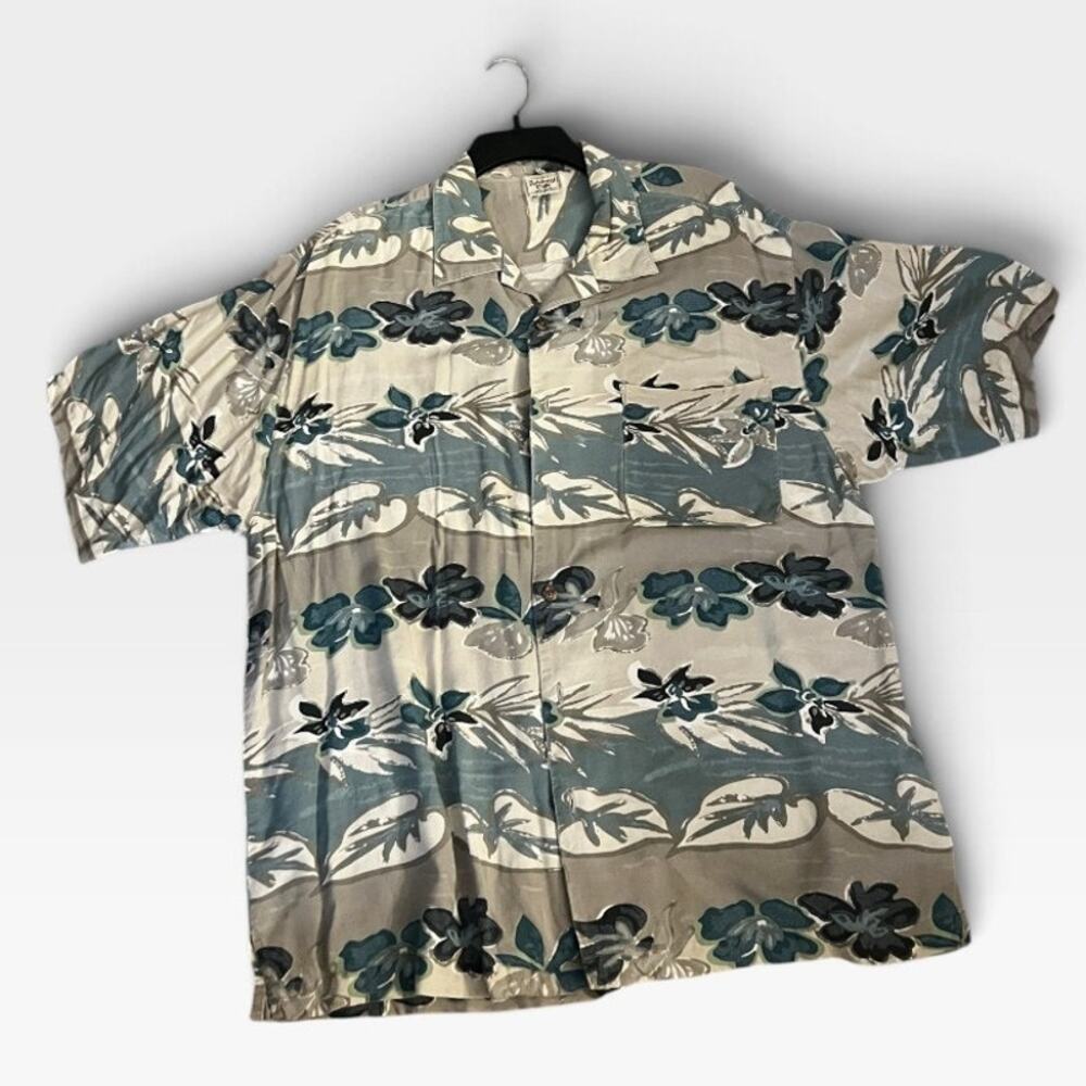 Rainforest Cafe Souvenir Rayon Camp Shirt Men's L Blue Gray Tropical Tiki Floral